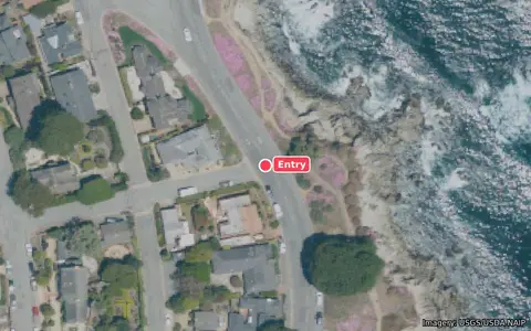 Aerial view of Otter Cove (Ocean View at Siren St) with the entry and parking marked