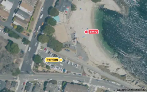Aerial view of Lovers Point beach with the entry and parking marked