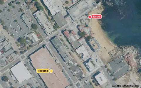Aerial view of McAbee Beach steps (Steinbeck Plaza) with the entry and parking marked