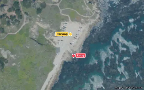 Aerial view of Whalers Cove boat ramp with the entry and parking marked