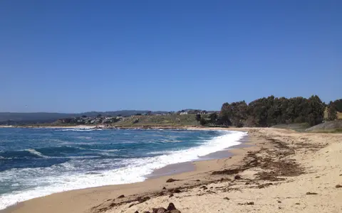 Monastery Beach: steep sand and surf, with Carmel Point in the distance